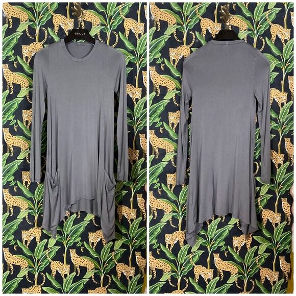 Lauren Moshi Elephant Grey Long Sleeve Asymmetrical Hem Swing Dress w/Pockets - Picture 1 of 9
